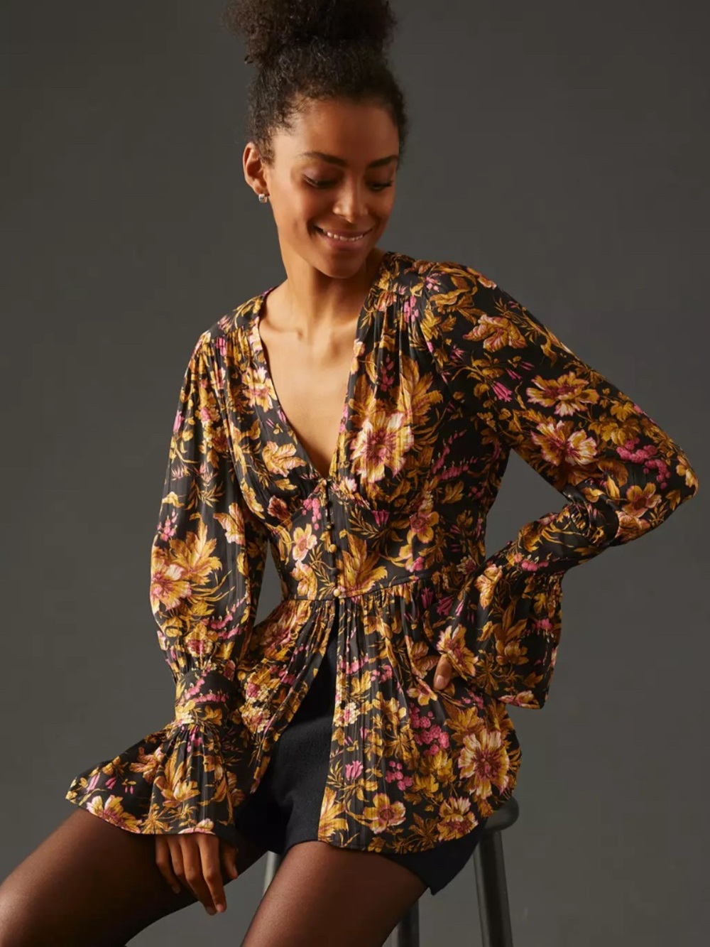 Anthropologie Black Floral V-Neck Peplum Blouse